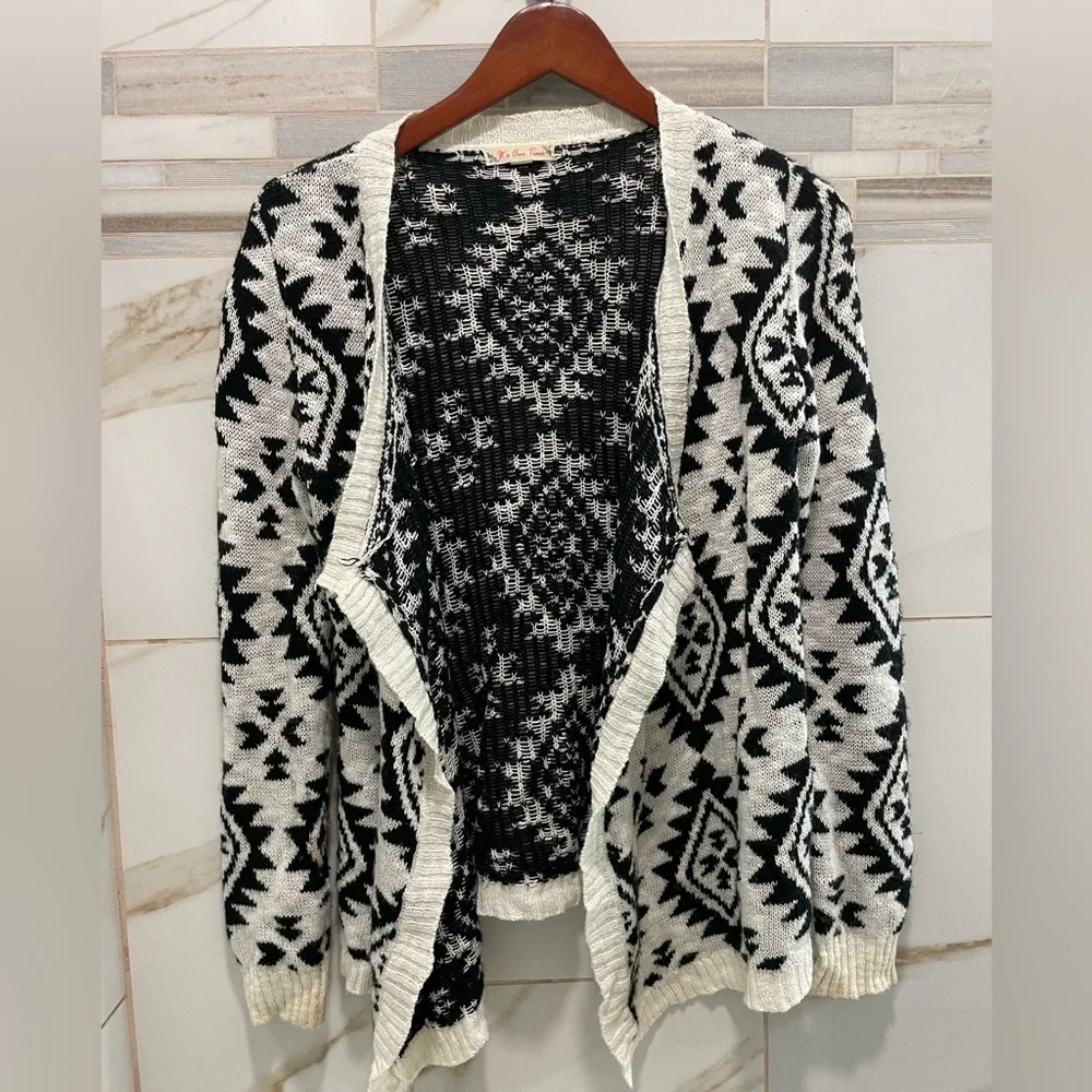 Black & White Aztec Cardigan | Open Front Knit Sweater | Boho Tribal Print M - Picture 2 of 11